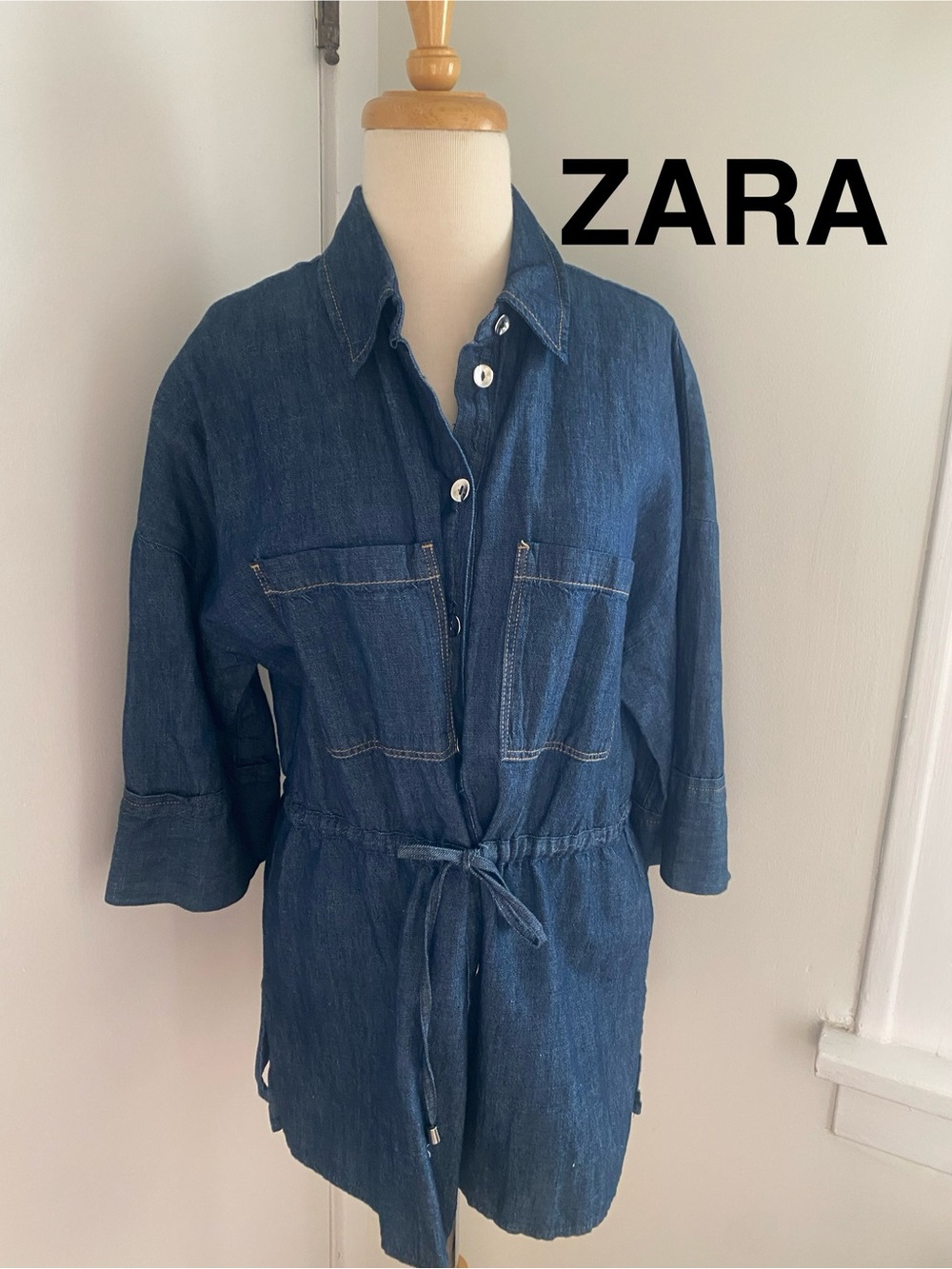 ZARA Dark Blue Denim Tie-Waist Cotton/Linen Blend Jacket -Size M - NEW